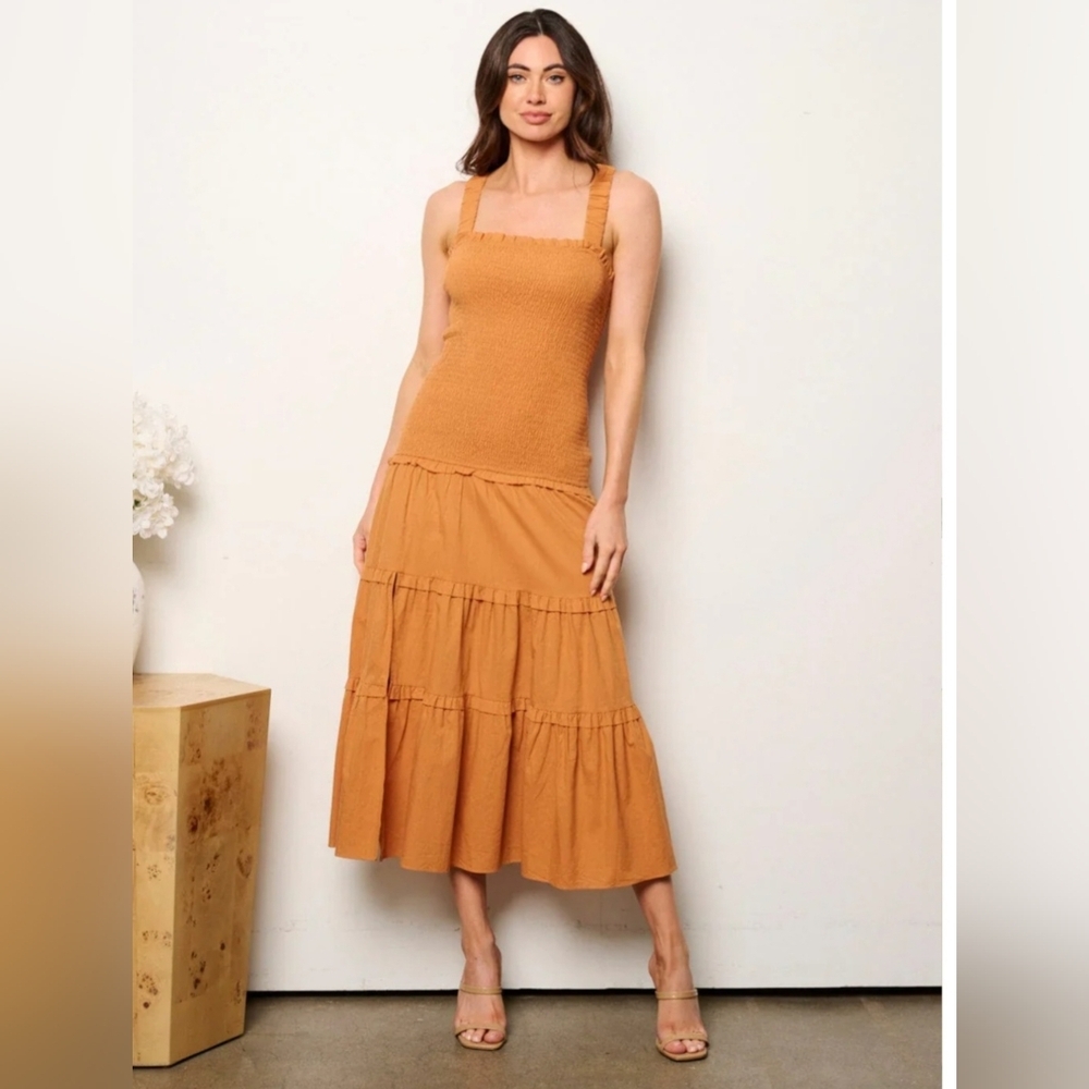 HYFVE Square Neck Midi Dress in Rich Tan Cinched Bodice W/Side Zipper& Side Slit - Picture 3 of 13